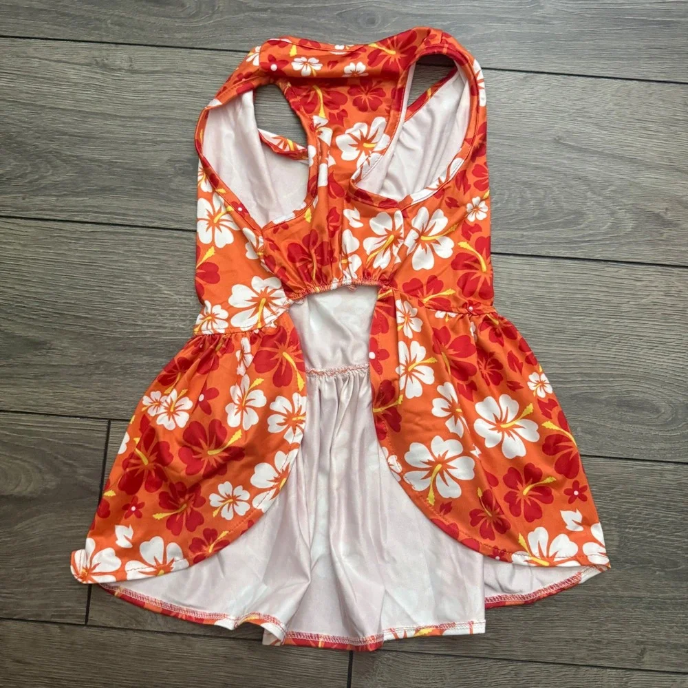 Orange Hibiscus Floral Dog Dress Tropical Pet Summer Clothes with Red Bow